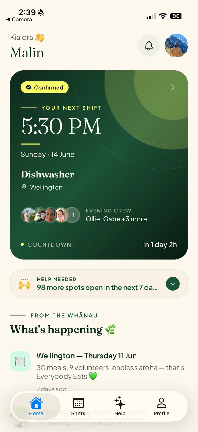 Everybody Eats volunteer app - open shifts and What's-happening feed